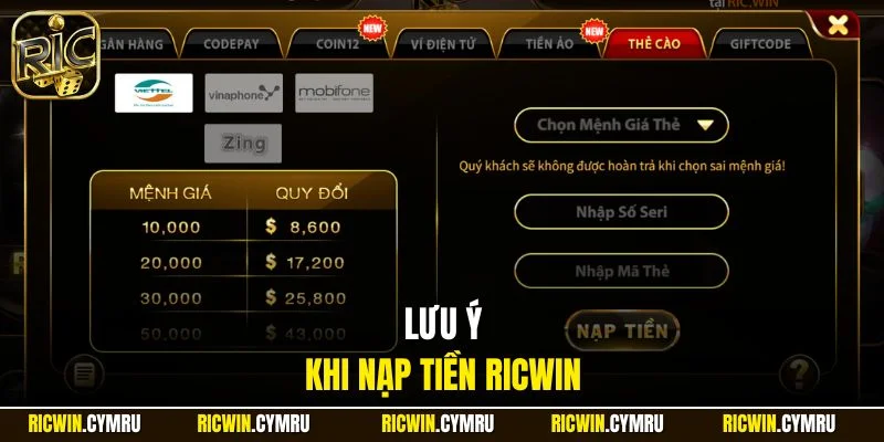 Lưu ý khi nạp tiền RICWIN