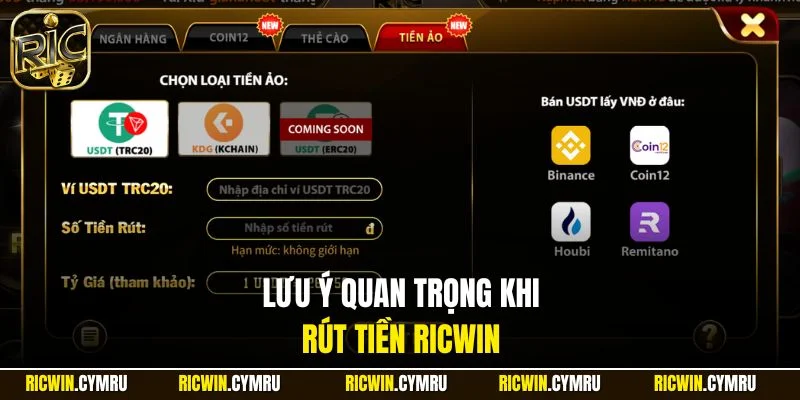 Lưu ý quan trọng khi rút tiền RICWIN