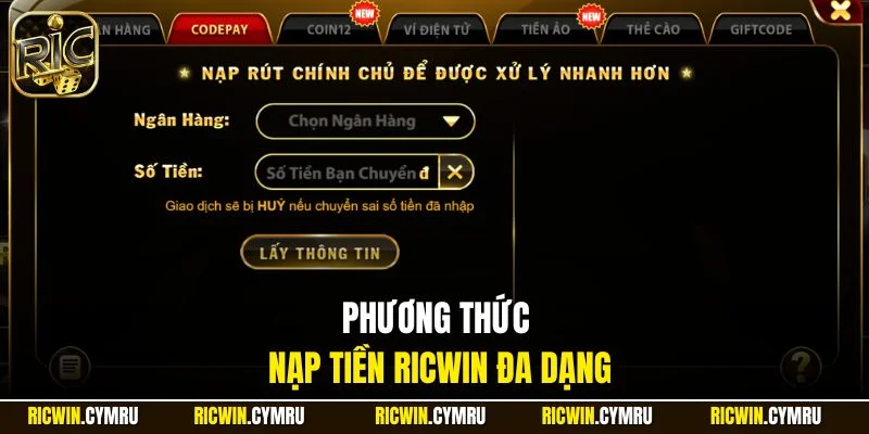 Phương thức nạp tiền RICWIN đa dạng